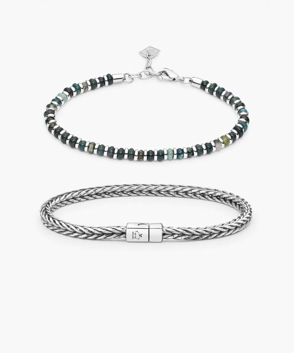 925 Sterling Silver Brontide Moss Agate & Foxtail Chain Set